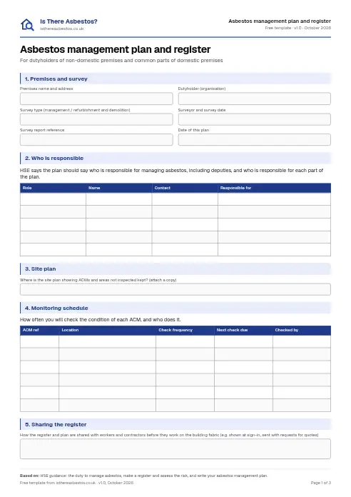 Preview of page 1 of the asbestos management plan and register template