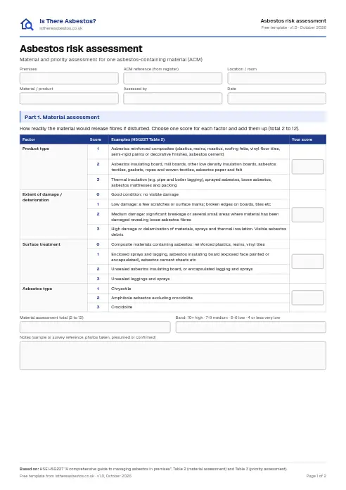 Preview of page 1 of the asbestos risk assessment template